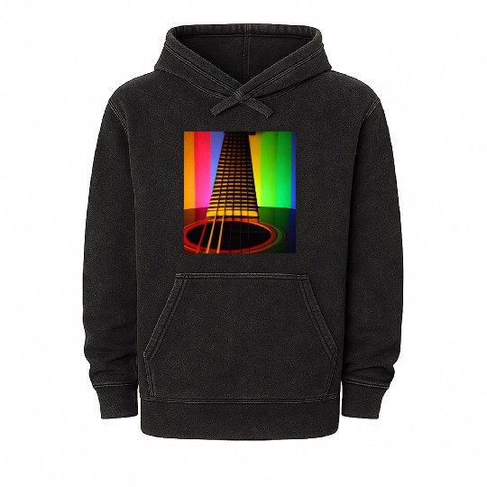 A colorful guitar in front of a rainbow Mineral Wash Hoodies
