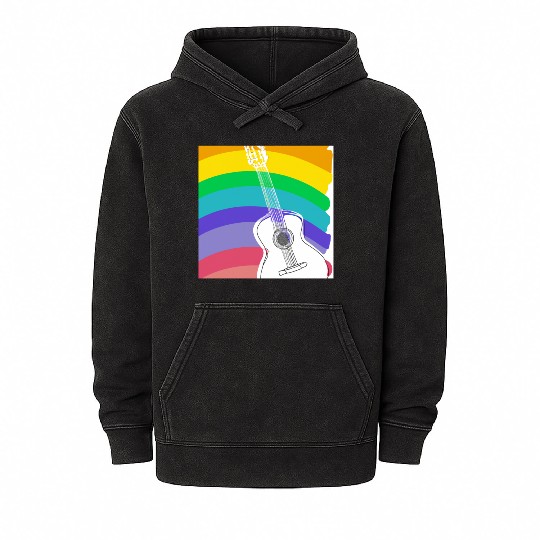 A colorful guitar in front of a rainbow. Mineral Wash Hoodies
