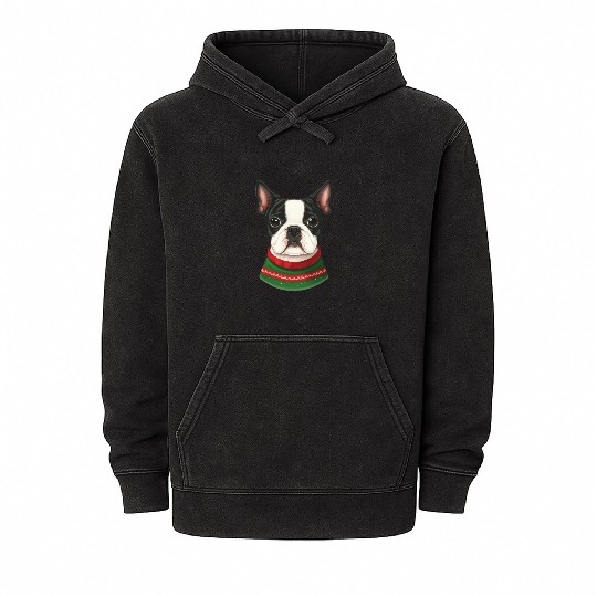 Festive Boston Terrier in a Christmas Sweater Mineral Wash Hoodies