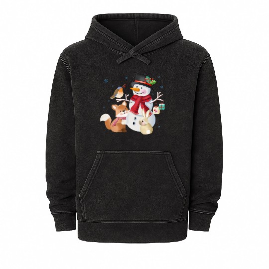Snowman with fox, rabbit and robin Mineral Wash Hoodies