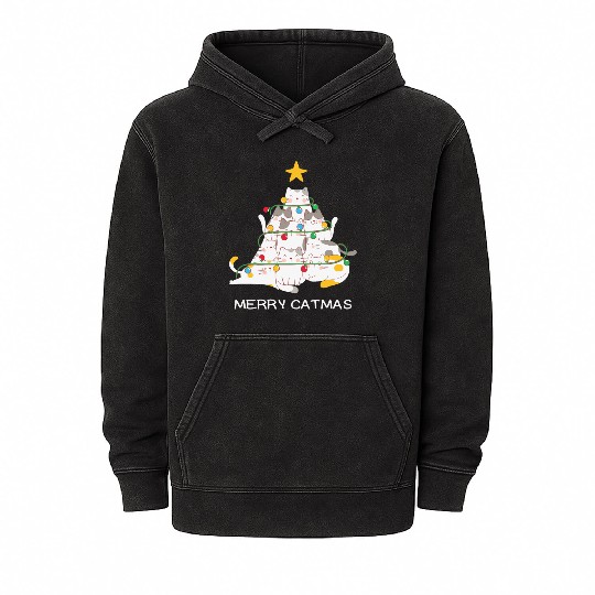 Meowy And Bright Christmas Tree Lights Funny Meowy Mineral Wash Hoodies