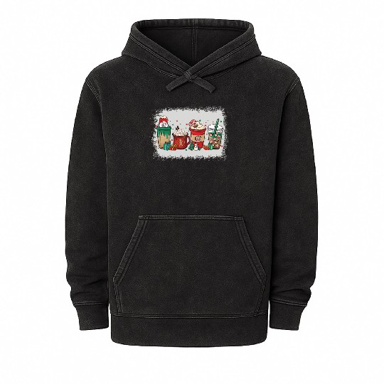 Christmas Coffee Cup Bleached Mineral Wash Hoodies