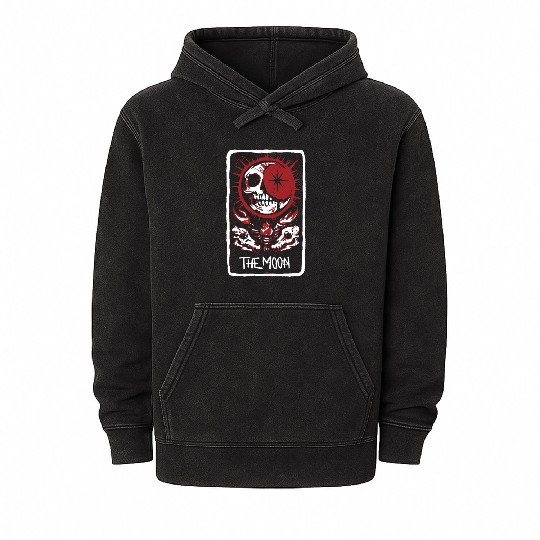 The Moon Blood Red Skeleton Skull Tarot Card Mineral Wash Hoodies