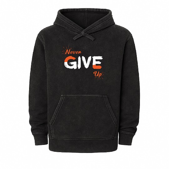 Never Give Up-Motivational Orange and White Quote Mineral Wash Hoodies