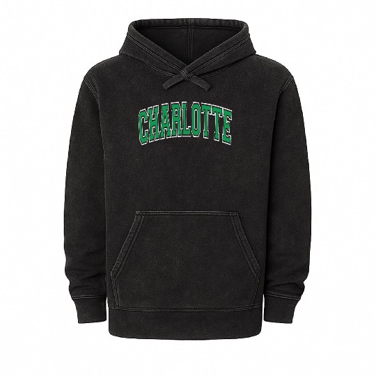 Charlotte Varsity Style Green Text Mineral Wash Hoodies