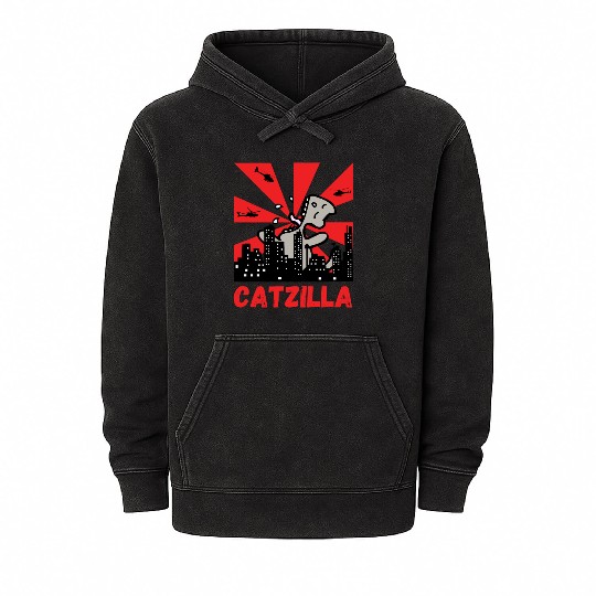 Catzilla funny cat Japanese Sunset Mineral Wash Hoodies