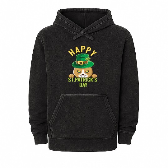 Angry Mad Cat Happy Saint Patrick Day Mineral Wash Hoodies