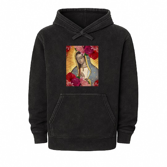 Our Lady of Guadalupe Rose Mexican Catholic Juan D Mineral Wash Hoodies