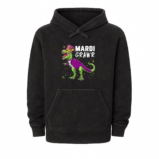 Mardi Grawr T Rex Dinosaur Mardi Gras Bead Costume Mineral Wash Hoodies