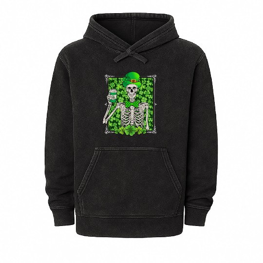 St Patrick's Day Skeleton Shamrock Lucky Mineral Wash Hoodies