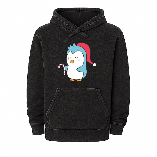 Cute Penguin with Christmas Hat and Candy Cane Mineral Wash Hoodies