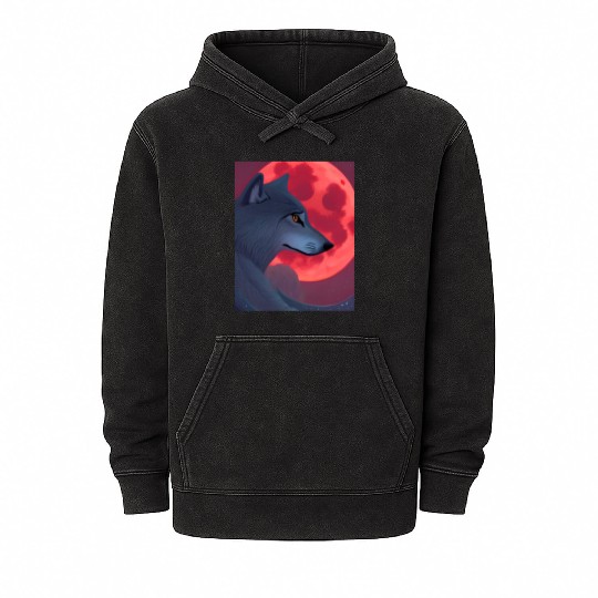 A Grey Wolf Staring at a Blood Moon Mineral Wash Hoodies