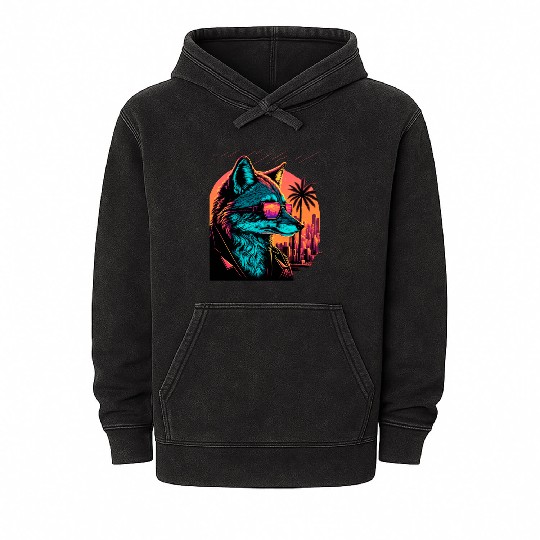 Retro Futuristic Synthwave Fox Mineral Wash Hoodies