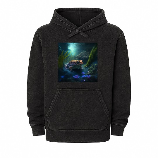 A toad in a creek the toad has blue glowing eyes Mineral Wash Hoodies