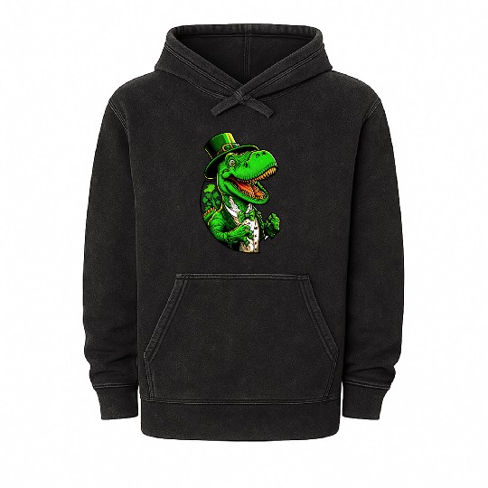 St Patricks Day T-rex Dinosaur With Top Hat Mineral Wash Hoodies