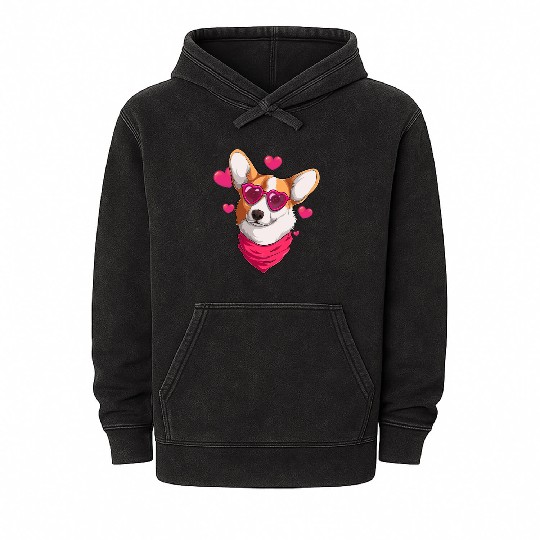 Welsh Corgi Face Heart Glasse Corgi Valentines Day Mineral Wash Hoodies