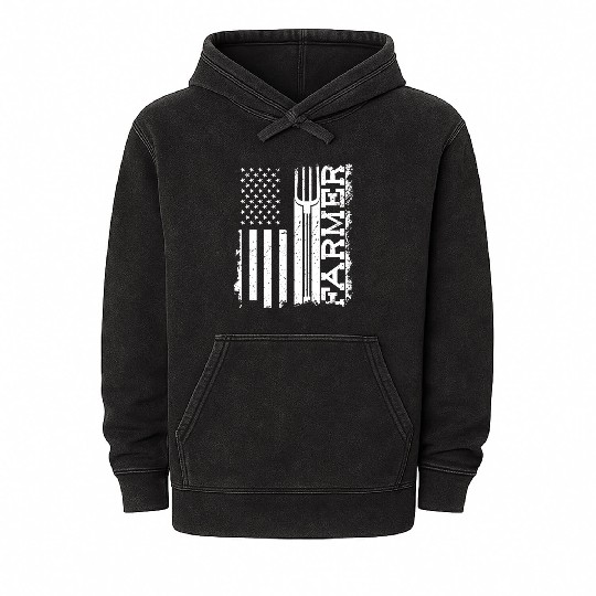 American Flag Patriotic Farmer Farming Mineral Wash Hoodies