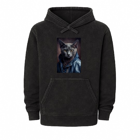 Russian Blue Cat Breed Portrait wears a leather j Mineral Wash Hoodies