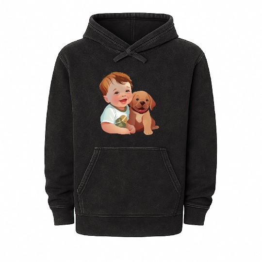 Sweet baby smiling with lovely puppy Mineral Wash Hoodies