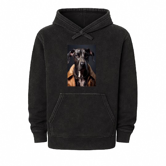 Great Dane wearing leather jacket - Dog Breed Port Mineral Wash Hoodies