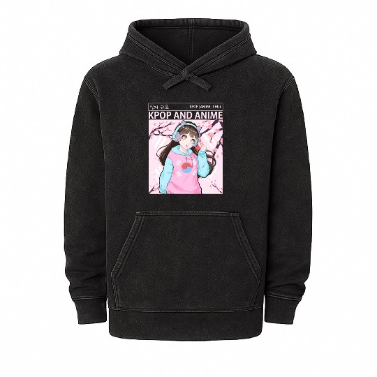Kawaii Anime Girl Kpop Korean Flag Cherry Blossom Mineral Wash Hoodies