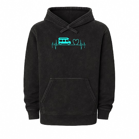 Camper Van camping Ecg heartbeat heart turquoise Mineral Wash Hoodies