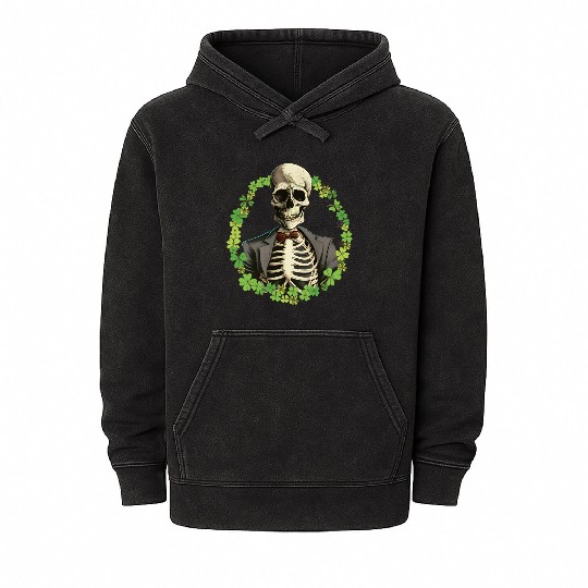 Skeleton Vintage Retro Creepy Cute Shamrock Mineral Wash Hoodies