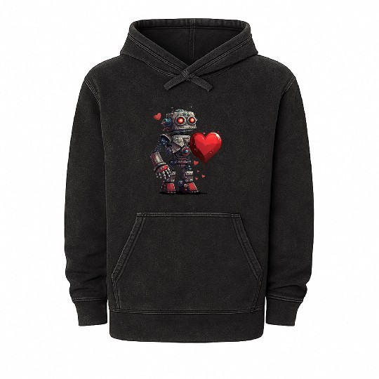 Robot holding a heart valentines day love couple Mineral Wash Hoodies
