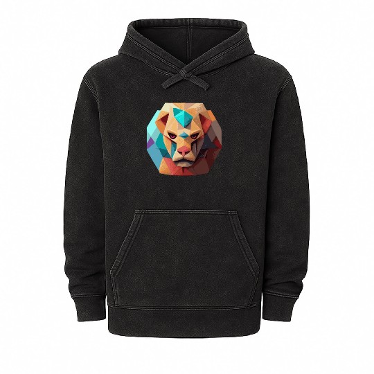 Geometric Lion Polygon Low Poly Lions Face Mineral Wash Hoodies