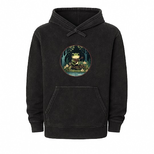 Kawaii Frog Guitar Cottagecore Aesthetic Mineral Wash Hoodies