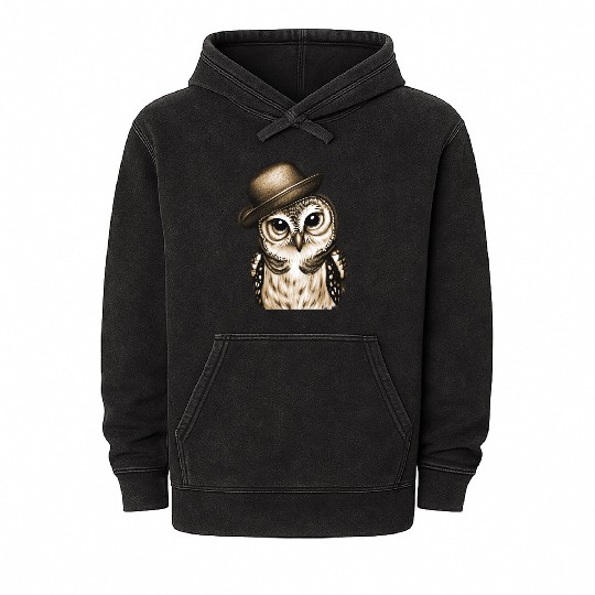 owl wearing derby hat - brown color Mineral Wash Hoodies