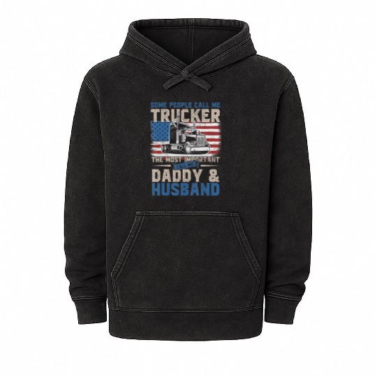 Truck Driver Gift Trucker Daddy Husband US Flag Mineral Wash Hoodies
