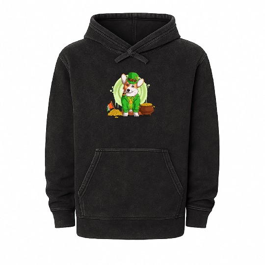 Irish Flag Corgi Dog Smoking a Pipe, Shamrock St P Mineral Wash Hoodies
