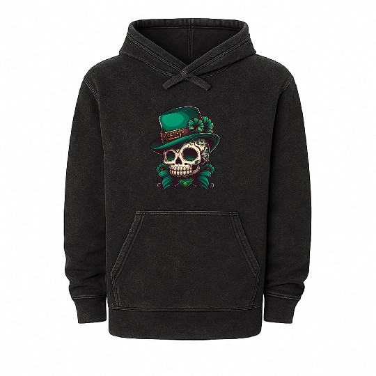 Sugar Skull Wearing A Hat St. Patrick's Day Design Mineral Wash Hoodies