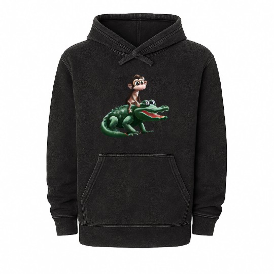 Funny monkey on crocodile design Mineral Wash Hoodies