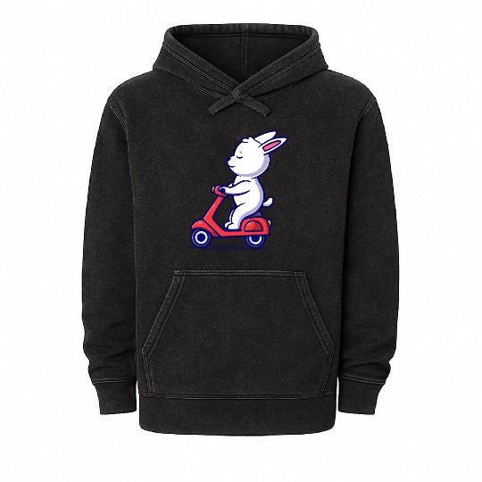 Cute bunny riding scooter icon illustration Mineral Wash Hoodies