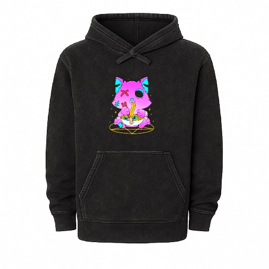 Pastel Goth Ramen Cat Kawaii Anime Japanese Mineral Wash Hoodies