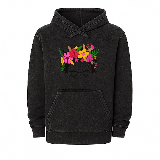 Frida Kahlo Illustration Floral Boho Style Mexican Mineral Wash Hoodies