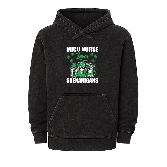 MICU Nurse Loves Shenanigans St. Patricks Day Mineral Wash Hoodies