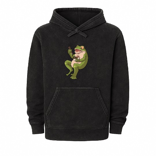 Toad Frog eating Ramen Soup Design for a Frog Mineral Wash Hoodies