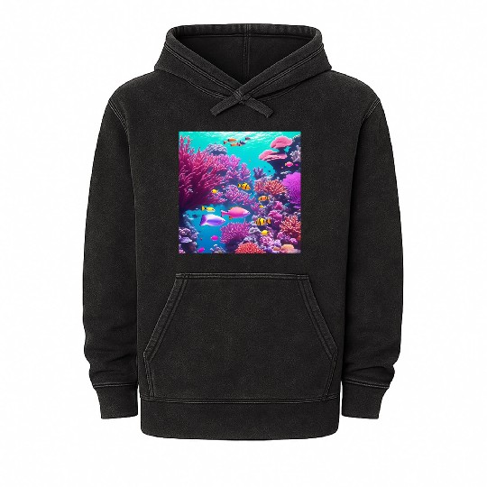 Viral magenta coral reef with tropical fish Mineral Wash Hoodies