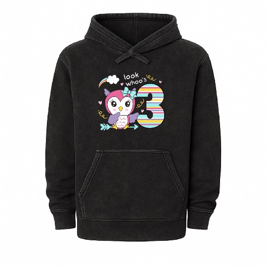 3rd Birthday Cute Owl "Look Whoo´s 3" Girls Gift Mineral Wash Hoodies