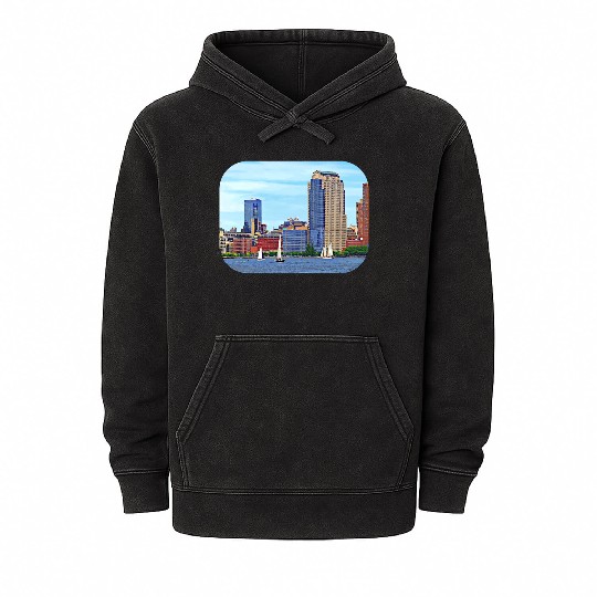 Manhattan NY - Boats By Manhattan Skyline Mineral Wash Hoodies