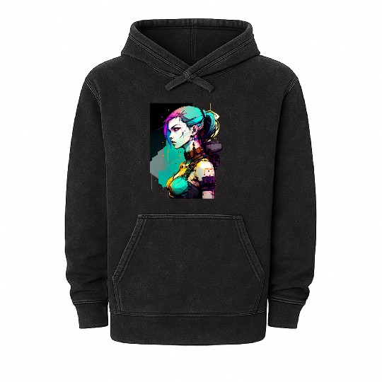Bold and Beautiful Cyberpunk Girl with Teal Hair Mineral Wash Hoodies