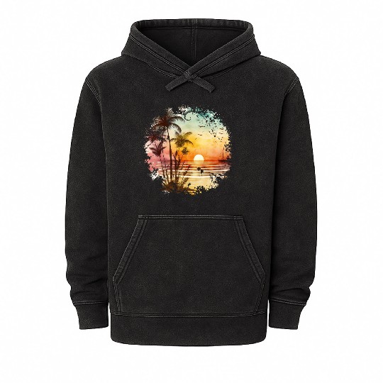 Beach Sunset Watercolor Design Art 1 Mineral Wash Hoodies