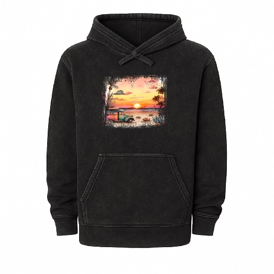 Beach Sunset Watercolor Design Art 2 Mineral Wash Hoodies