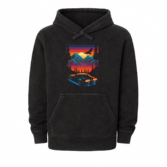 1980s Muscle Car and Retro Neon Mountain Sunset Mineral Wash Hoodies
