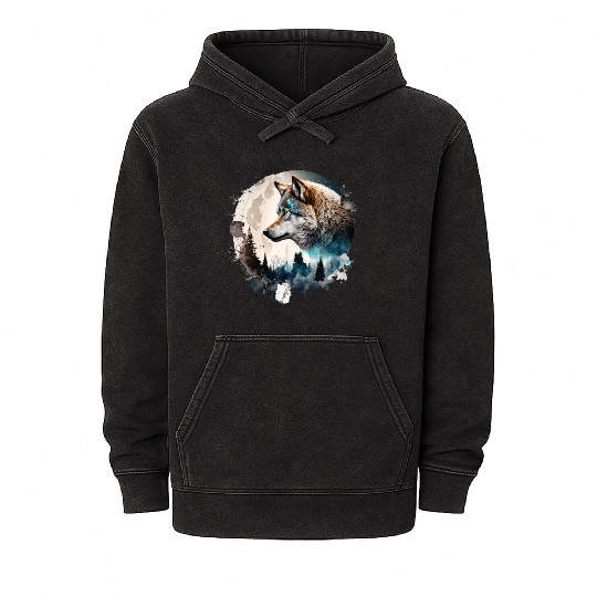 Wolf Moonlight Forest Wild Werewolf Watercolor Mineral Wash Hoodies
