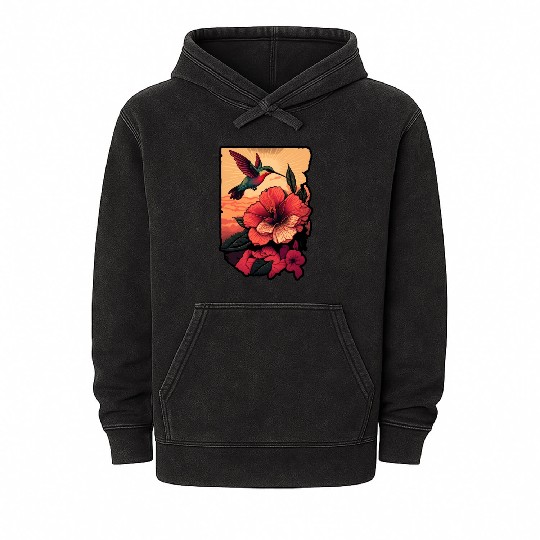 Hummingbird flies over hibiscus flower Tropical Mineral Wash Hoodies