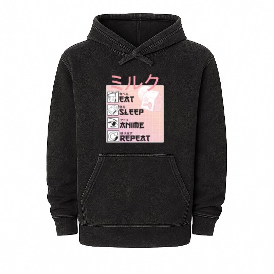Eat Sleep Anime Repeat Straweberry Milk Japanese Mineral Wash Hoodies